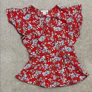 Red Floral Wrap Peplum Top